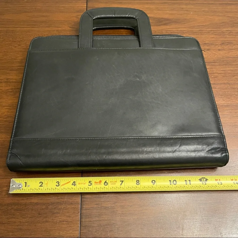 Vintage Monarch Luggage Briefcase Portfolio HIDE-AWAY HANDLES Black Leather Zips